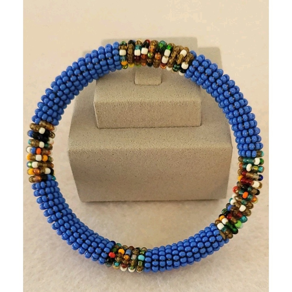 African Beaded Bangle Bracelet Blue Multicolor Seed Bead Geometric Statement